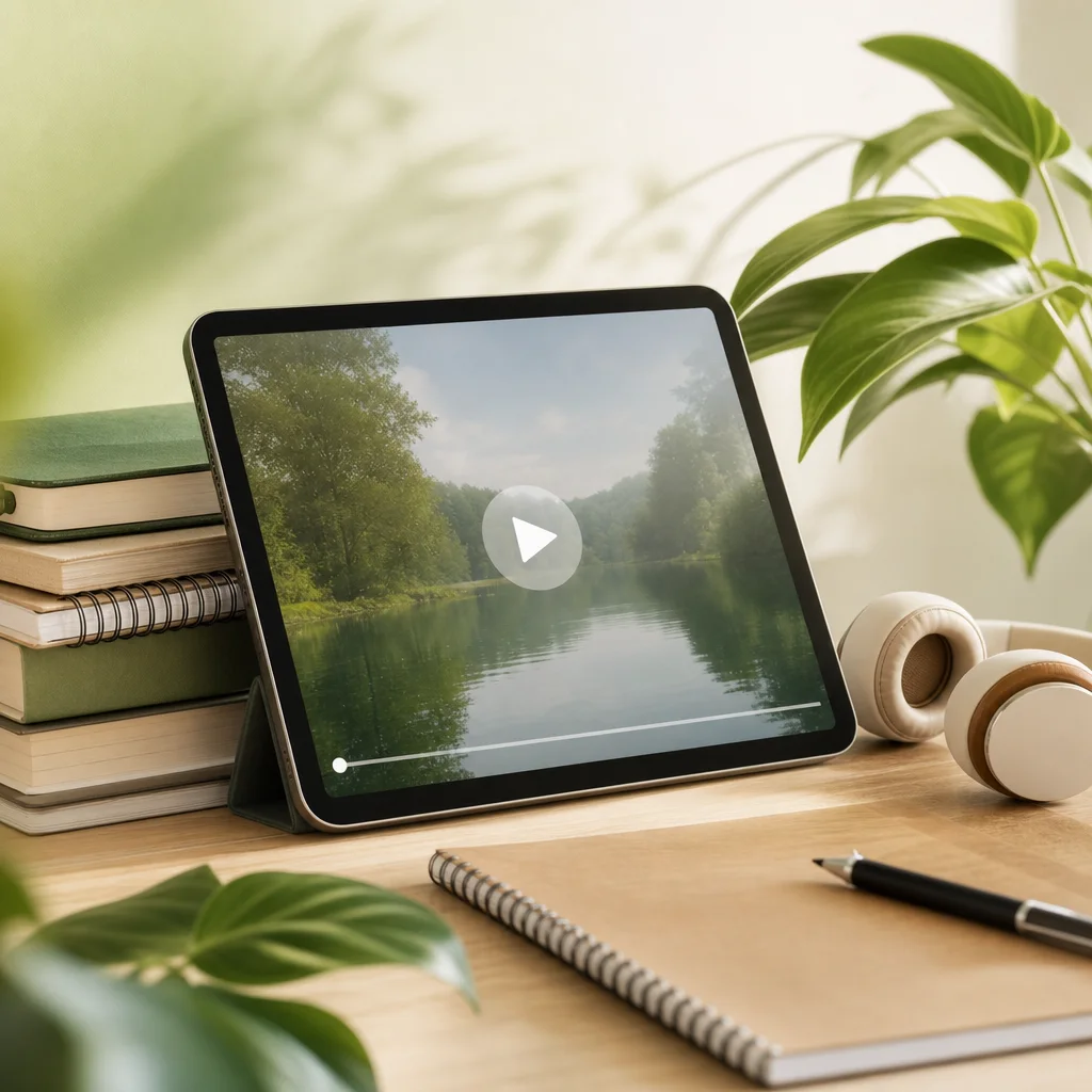 Tablet mit Videolektion, Notizbücher und Kopfhörer