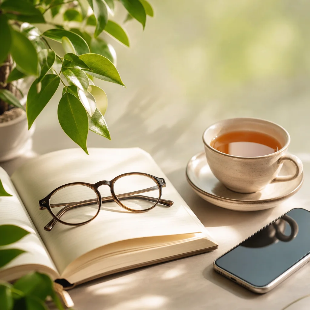 Lesebrille auf einem Notizbuch neben einer Tasse Tee – Ruhe und Geduld