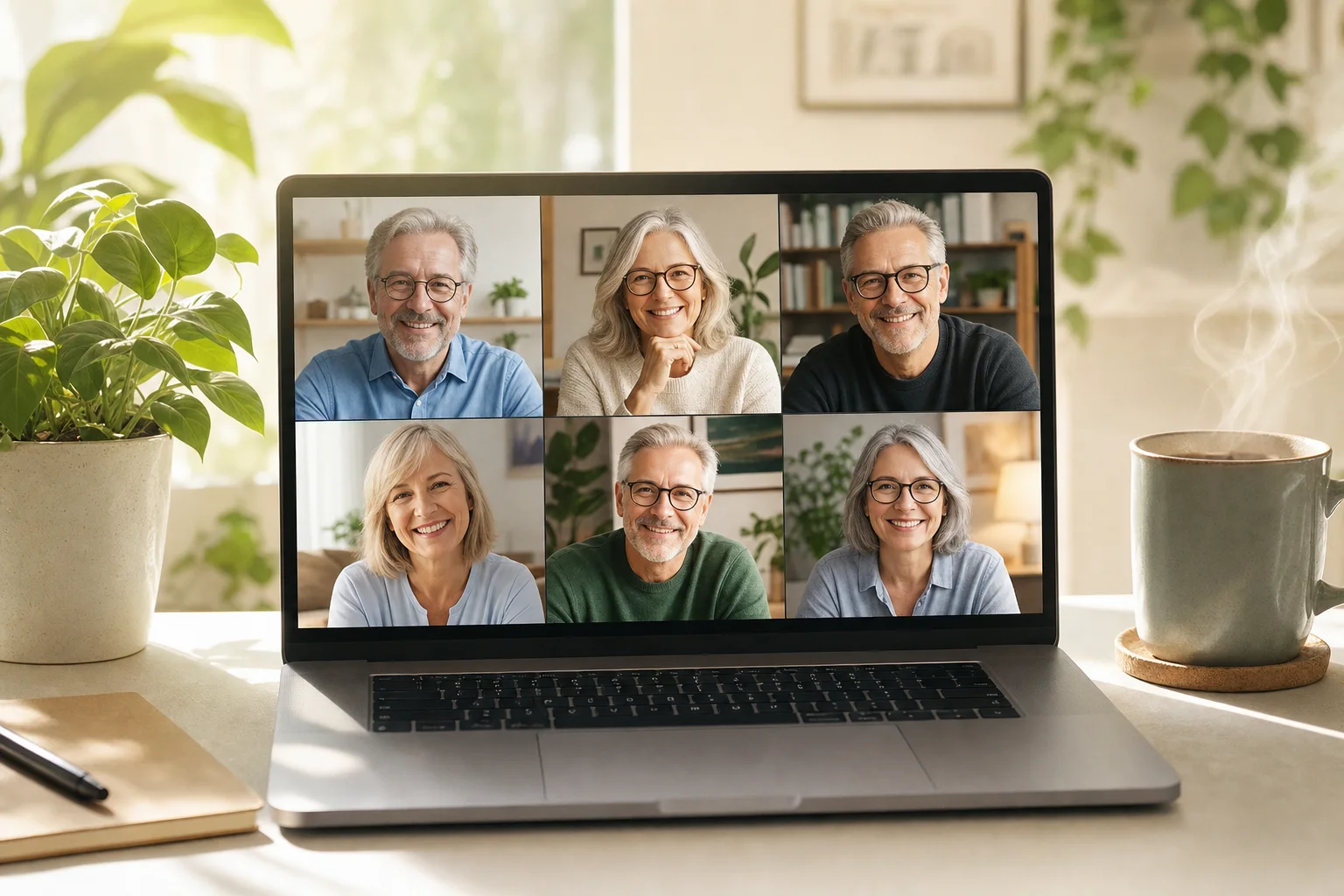 Laptop mit freundlicher Zoom-Runde, daneben Kaffee und Pflanze – die Morgensprechstunde