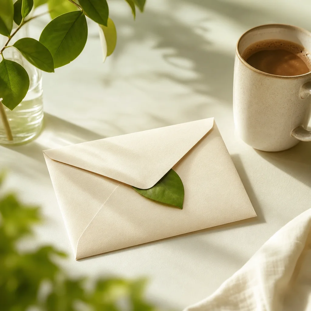 Umschlag mit grünem Blatt auf hellem Schreibtisch